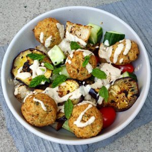 Falafel and grilled aubergine salad