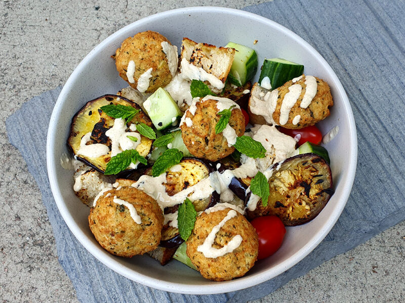 Falafel and grilled aubergine salad