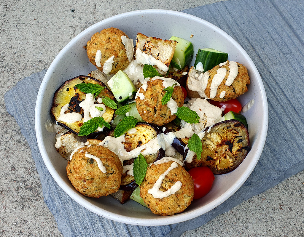 Falafel and grilled aubergine salad