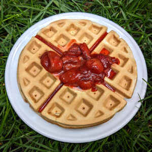 Banana waffles with strawberry compote