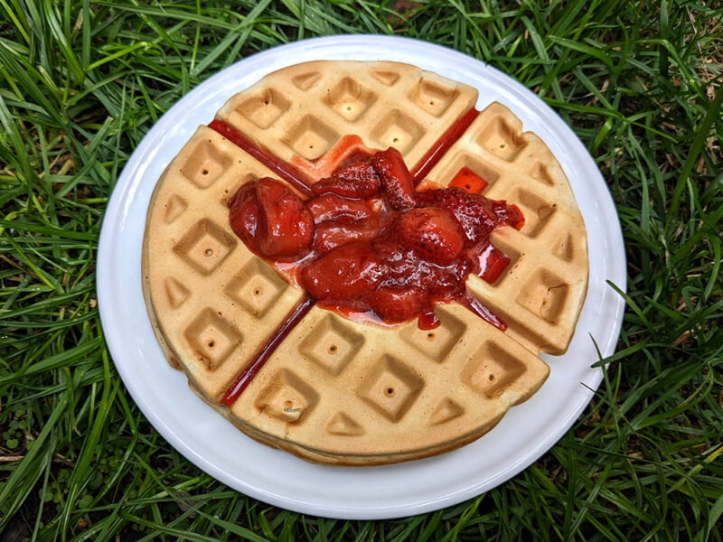 Banana waffles with strawberry compote