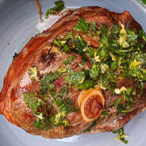 Roast lamb with mint gremolata