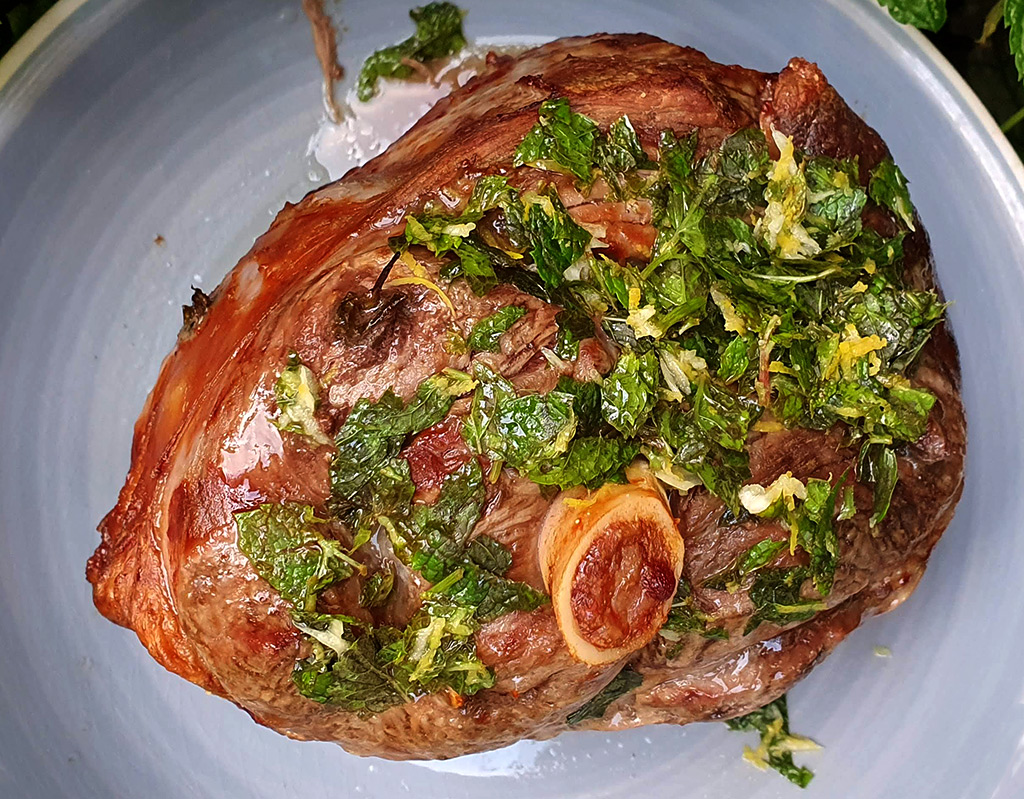 Roast lamb with mint gremolata