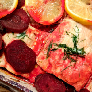 Salmon and beetroot bake