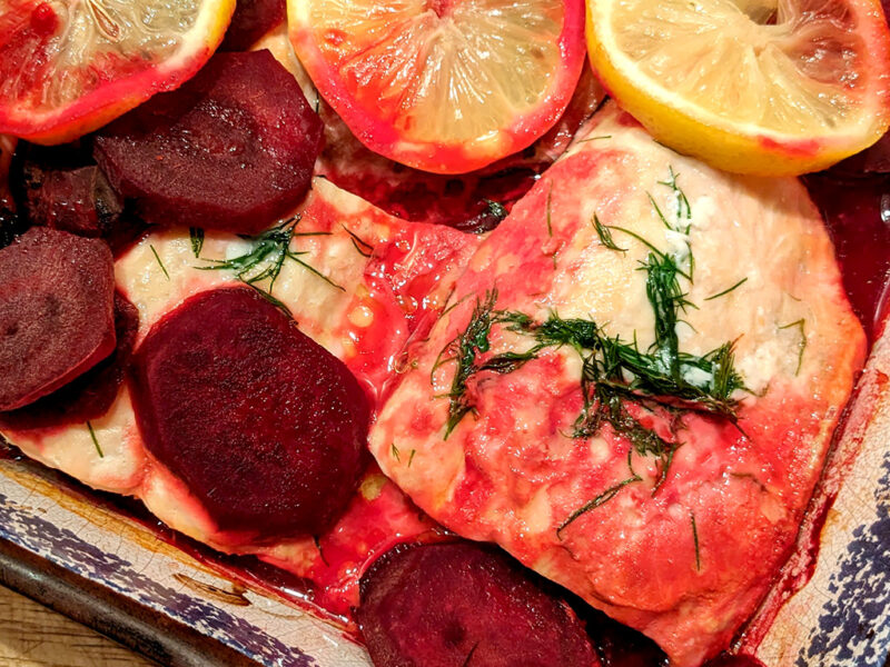 Salmon and beetroot bake