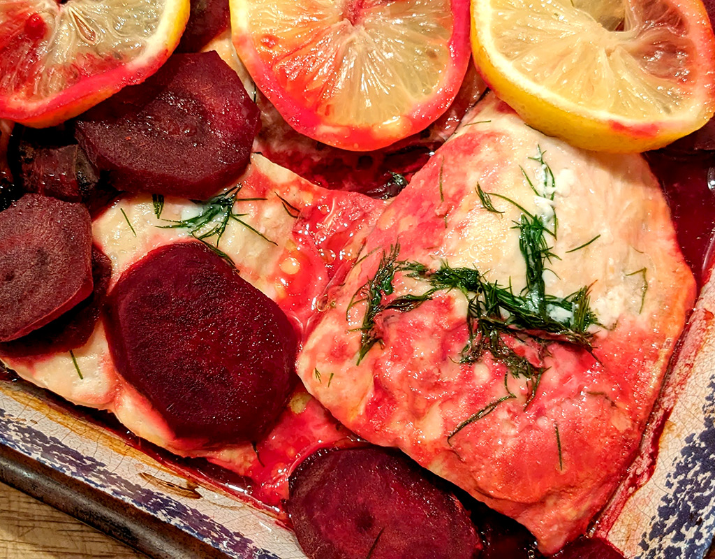 Salmon and beetroot bake