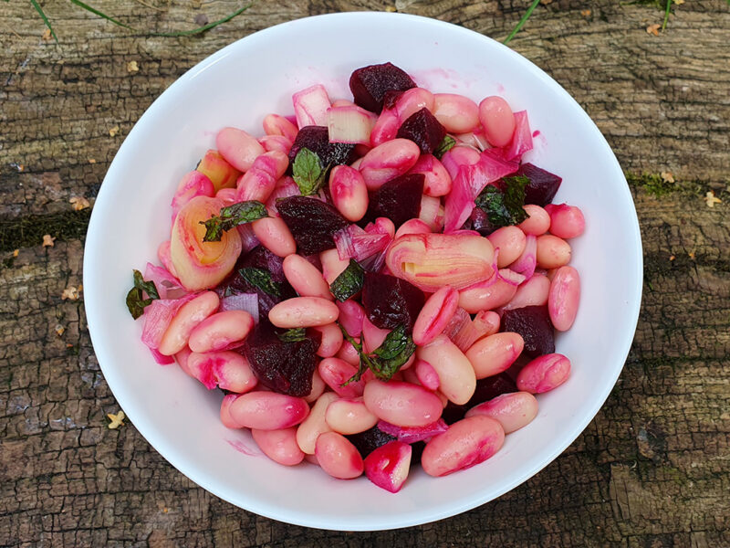 Beans, leek and beetroot salad