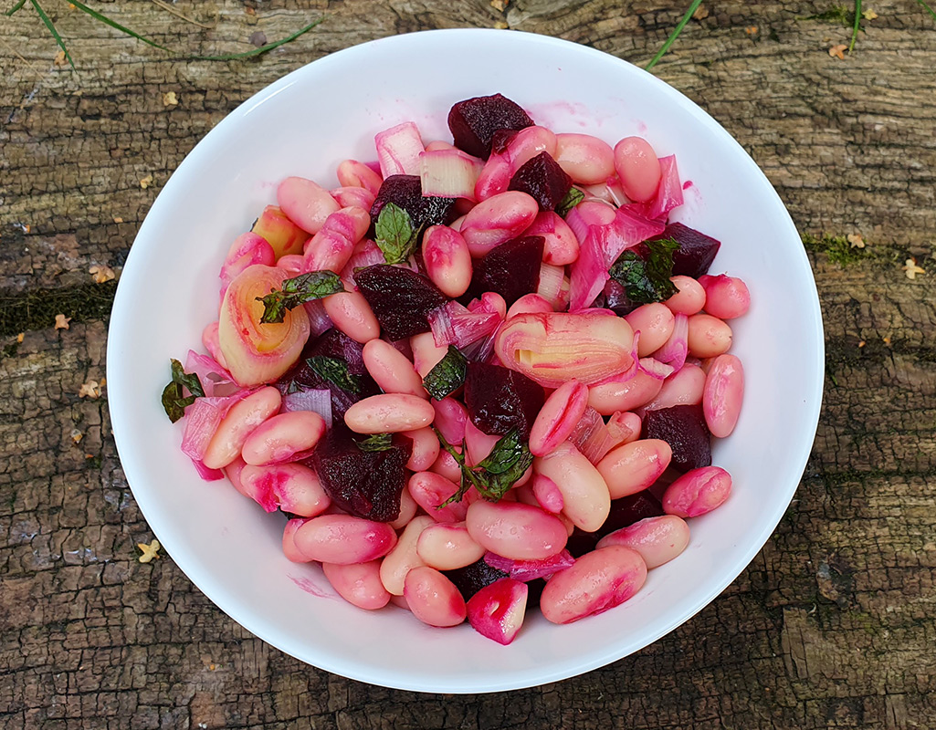 Beans, leek and beetroot salad