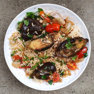 Grilled aubergine pilaf