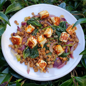 Lentil, halloumi and spinach salad