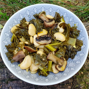 Sauteed mushrooms, kale and beans