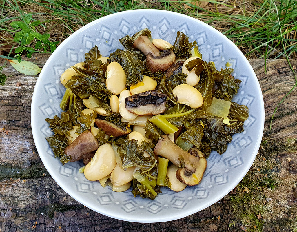 Sauteed mushrooms, kale and beans