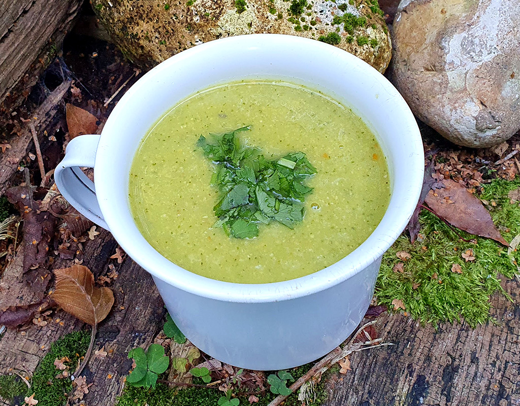 Spiced broccoli, leek and chickpea soup