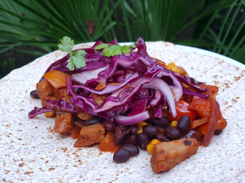 Vegan chicken & beans fajitas