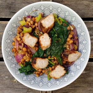 Sausage, lentil and spinach salad