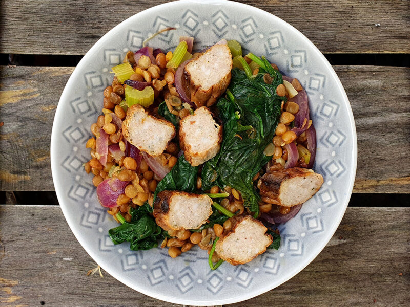 Sausage, lentil and spinach salad