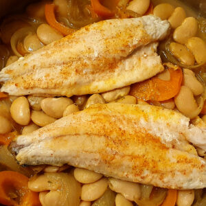 Sea bass with sautéed beans and bell pepper