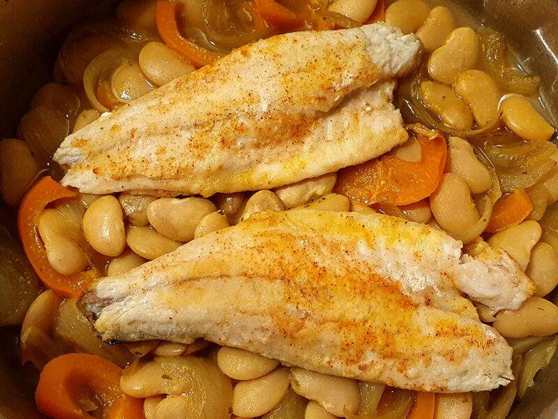 Sea bass with sautéed beans and bell pepper