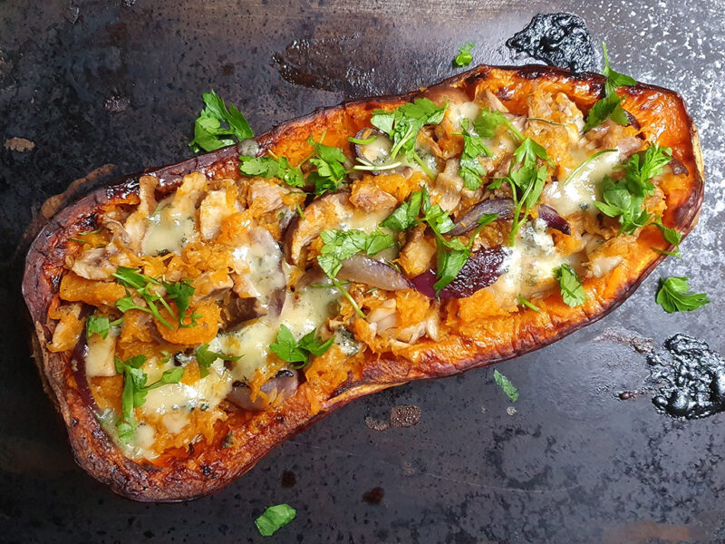 Duck and Stilton stuffed squash