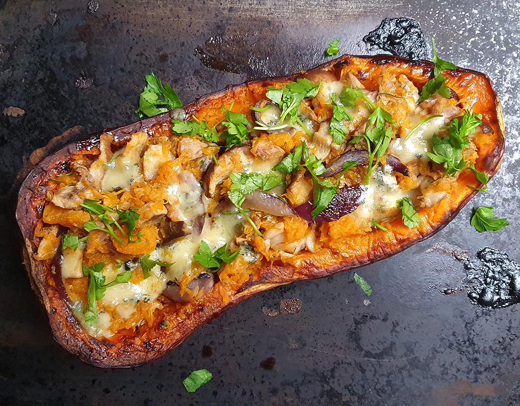 Duck and Stilton stuffed squash