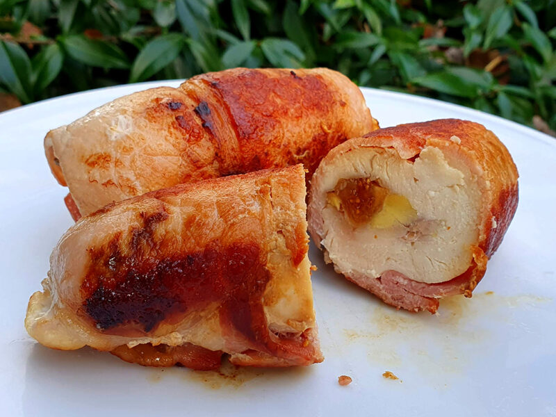 Bacon wrapped chicken breast stuffed with chestnut and figs