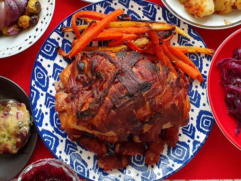 Bacon wrapped roasted turkey crown