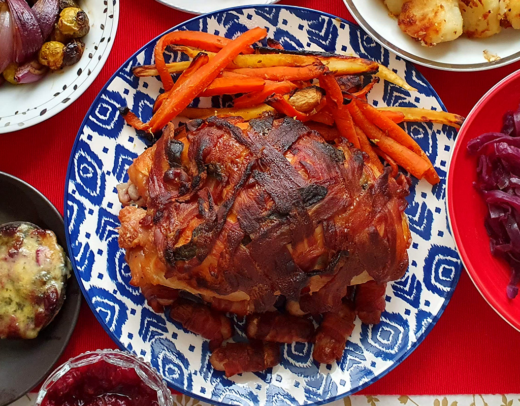 Bacon wrapped roasted turkey crown