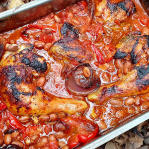 Chicken traybake with tomatoes and beans