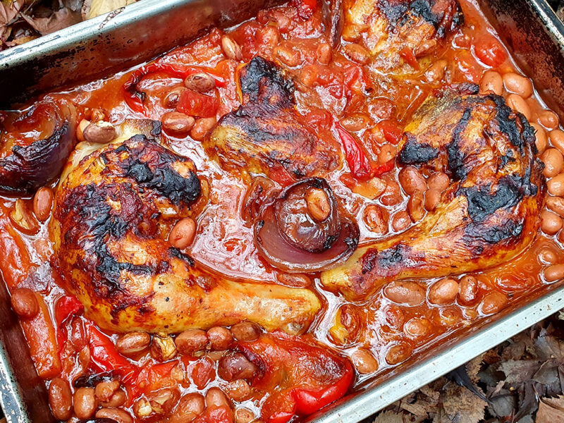 Chicken traybake with tomatoes and beans