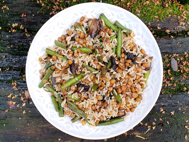 Rice with lentils, mushrooms and beans