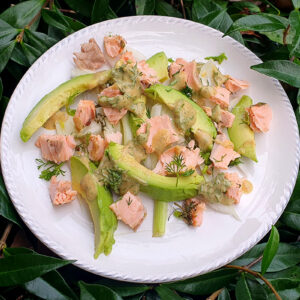 Salmon, avocado and pickled chicory salad