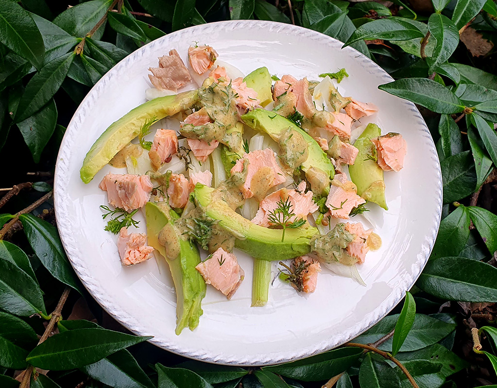 Salmon, avocado and pickled chicory salad