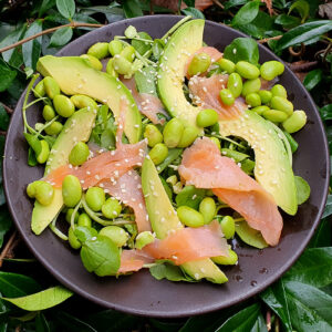 Smoked salmon, edamame beans and avocado salad