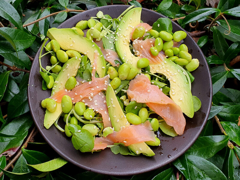 Smoked salmon, edamame beans and avocado salad