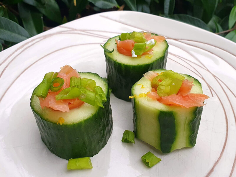 Smoked salmon, goat cheese and cucumber canapes