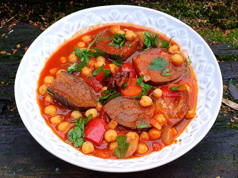 Baby aubergine and chickpea stew