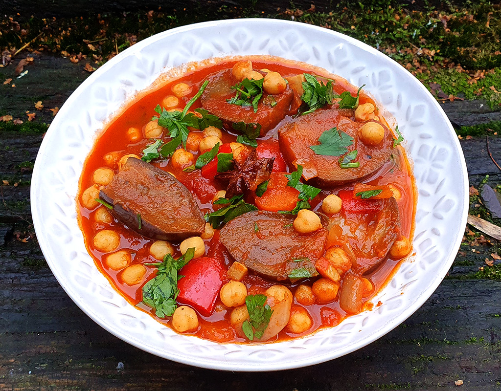 Baby aubergine and chickpea stew