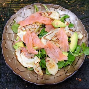 Smoked salmon, avocado and grilled fennel salad