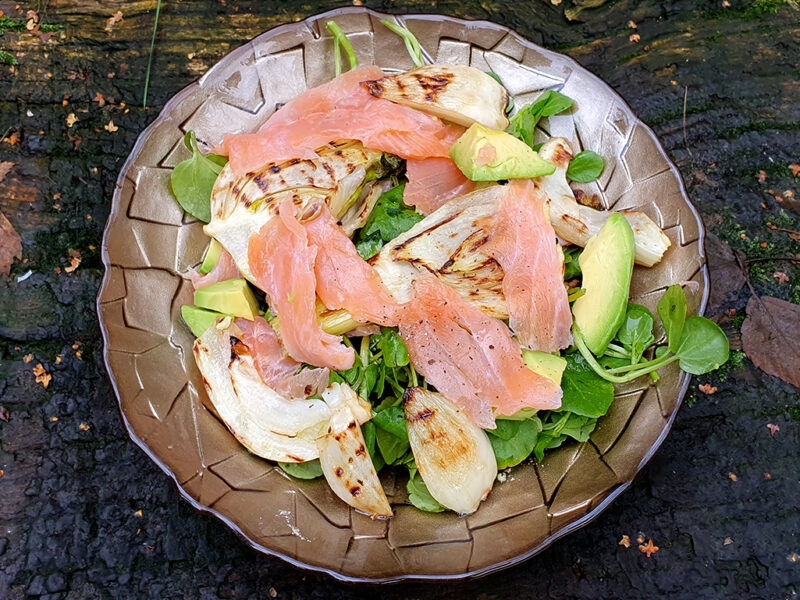 Smoked salmon, avocado and grilled fennel salad