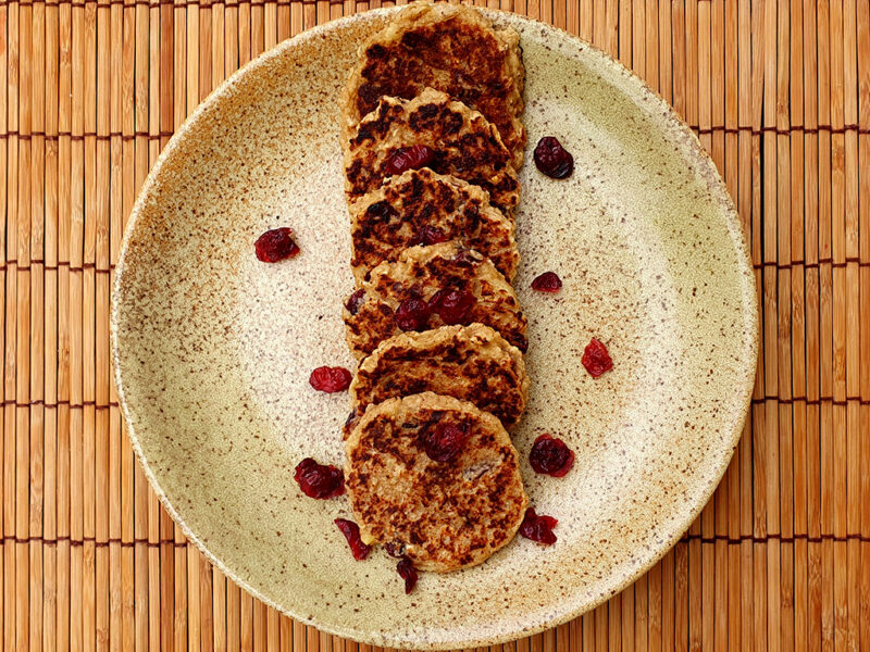 Vegan oat, almond and cranberry pancakes