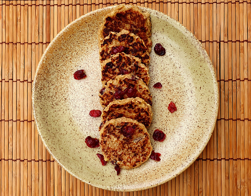 Vegan oat, almond and cranberry pancakes