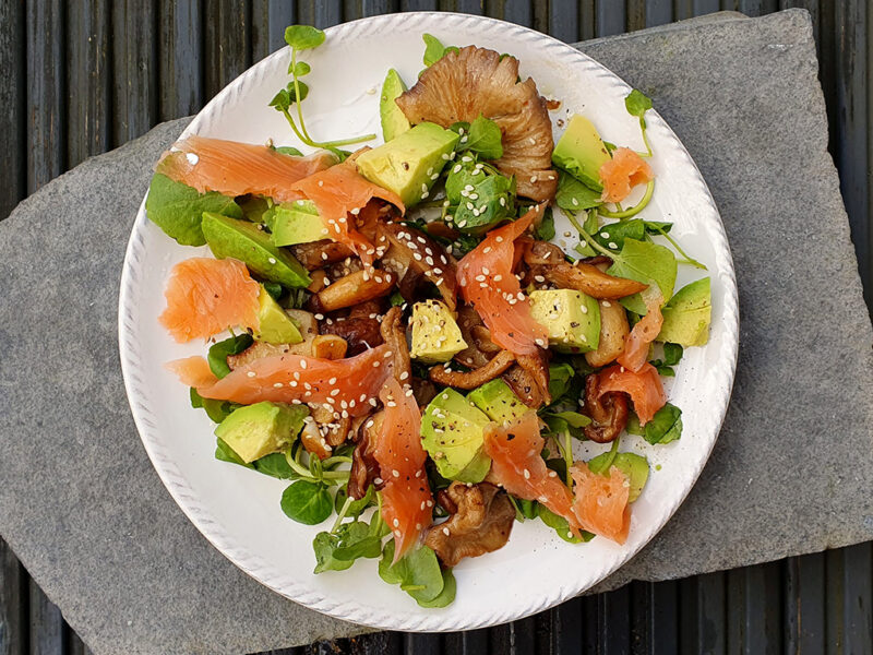 Smoked salmon, shiitake and avocado salad