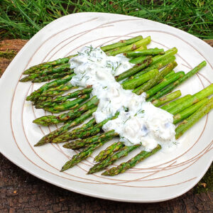 Grilled asparagus with anchovy and Stilton sauce