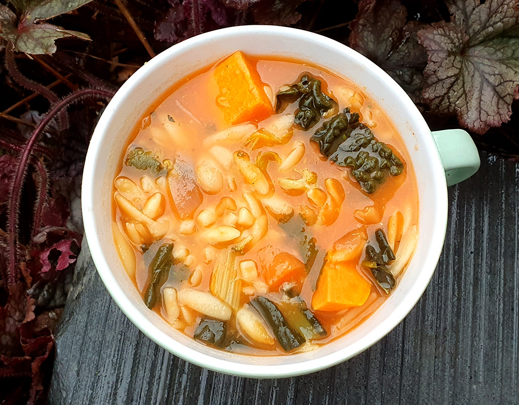 Minestrone soup with kale and sweet potatoes