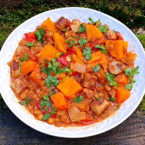 Sweet potato and lentil stew with sausages