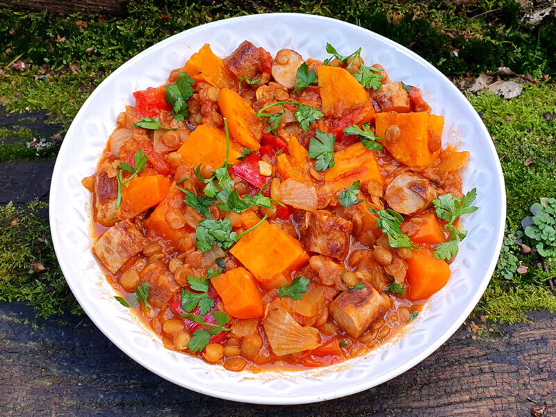 Sweet potato and lentil stew with sausages