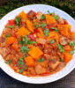 Sweet potato and lentil stew with sausages