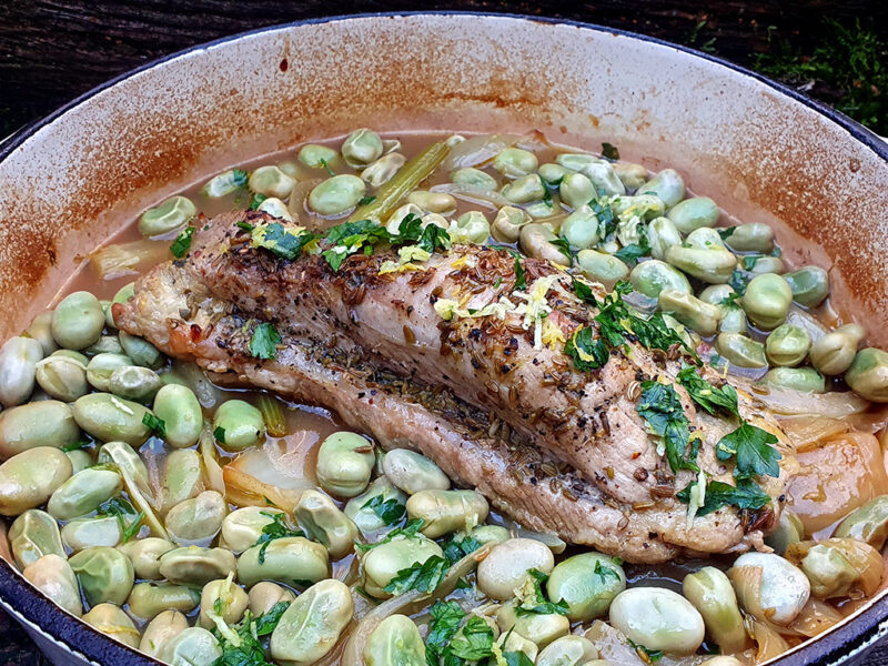 Pork tenderloin with fennel and broad beans