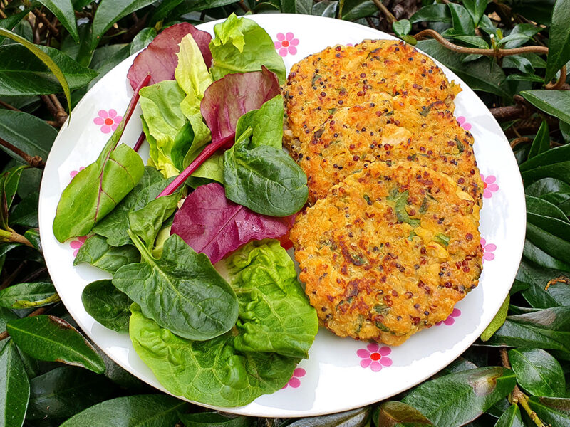 Quinoa and bean cakes with wild garlic