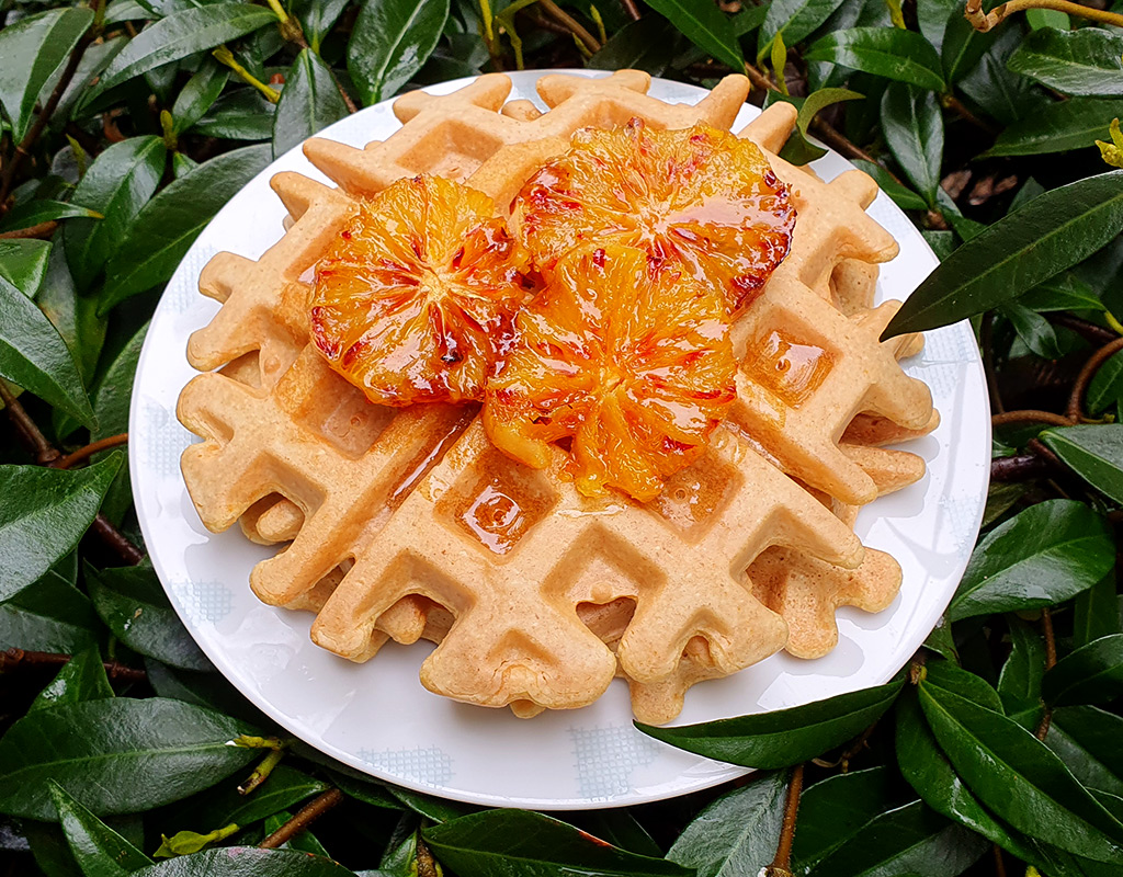 Blood orange, oat and almond waffles